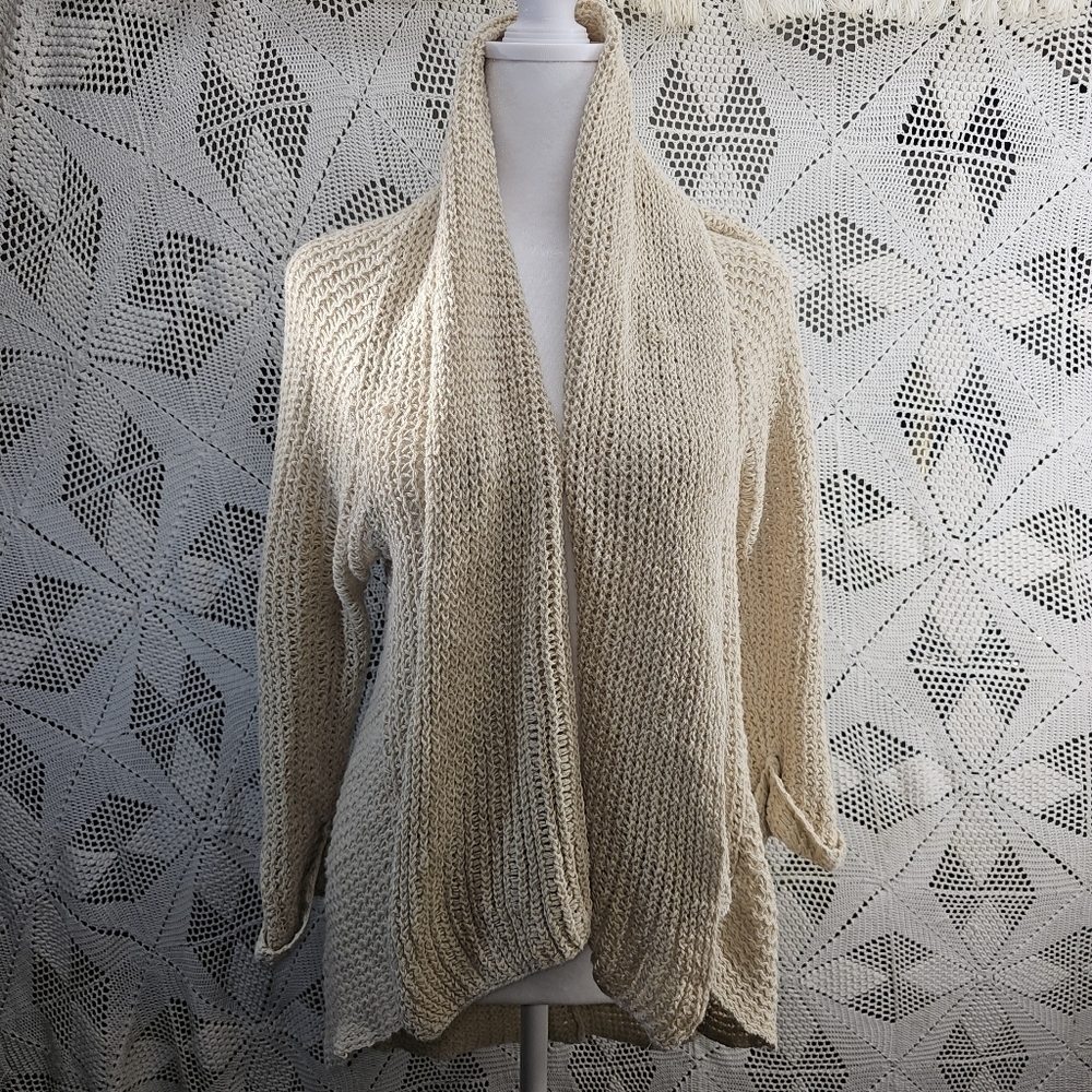 Cabi size medium teachers pet knit Cardigan sweater.  Drape front. Beige.
